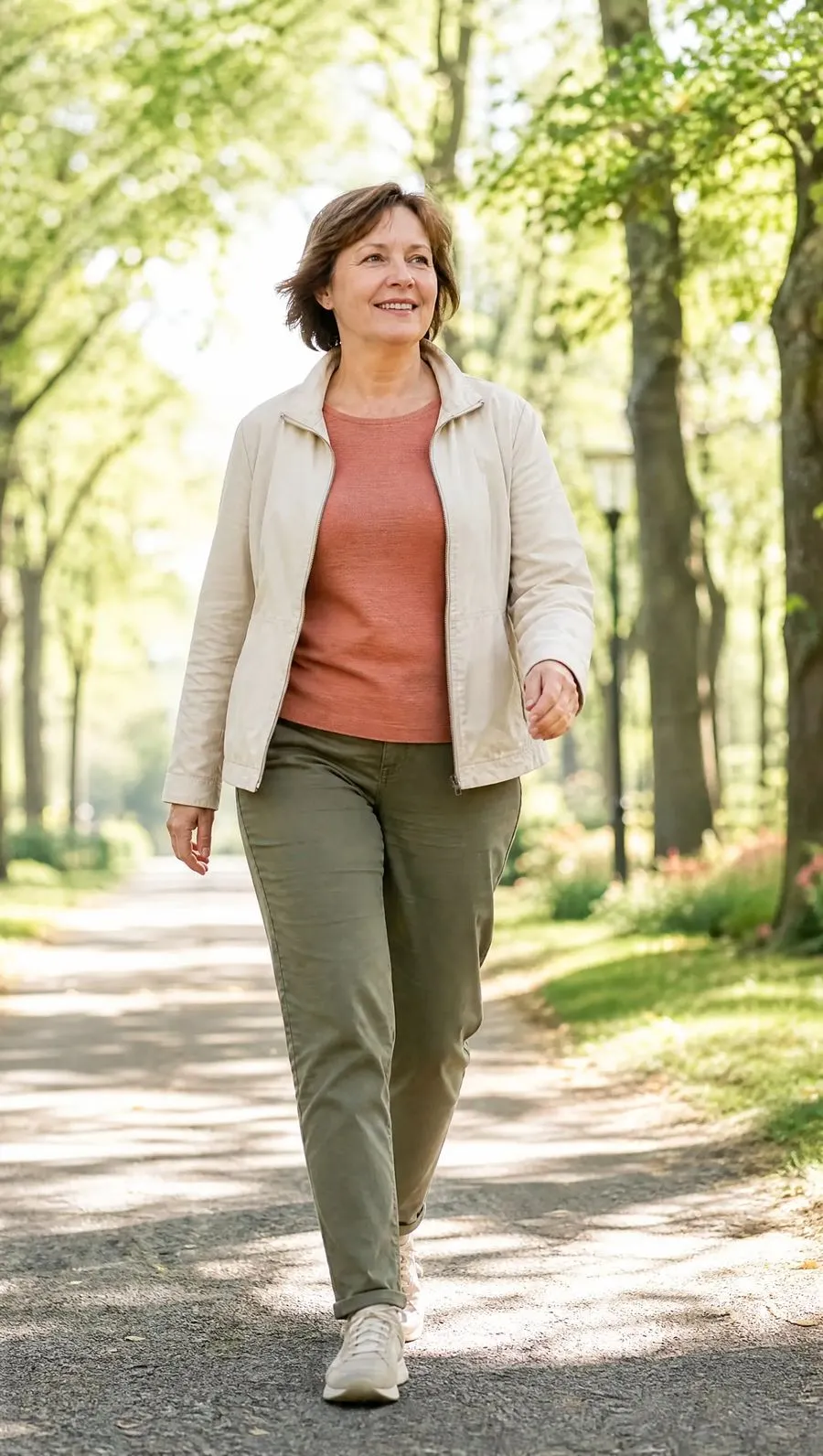 A woman in her 50s walking briskly on a tree-lined park path