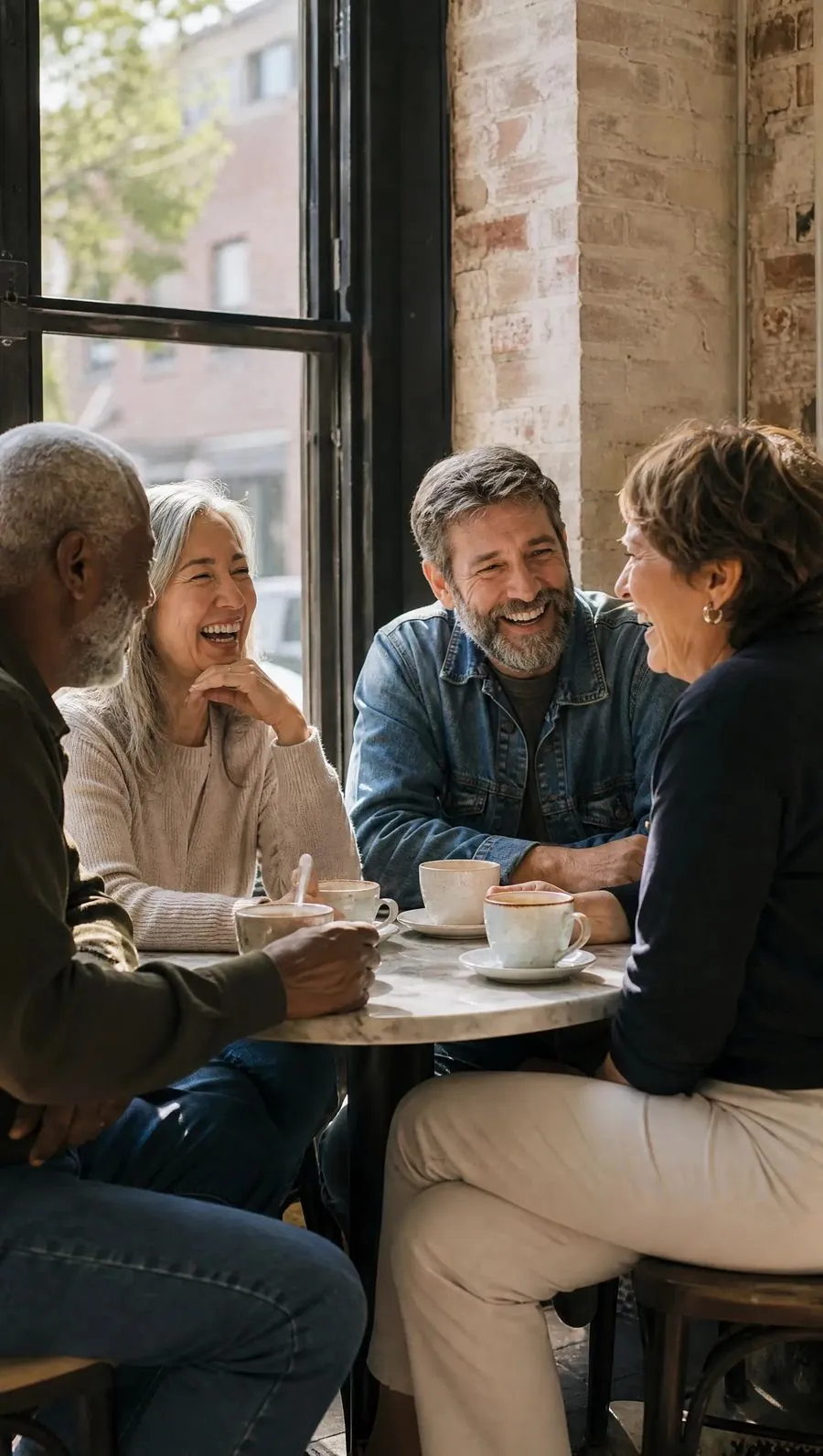 Four friends in their 50s laughing around a cafe table