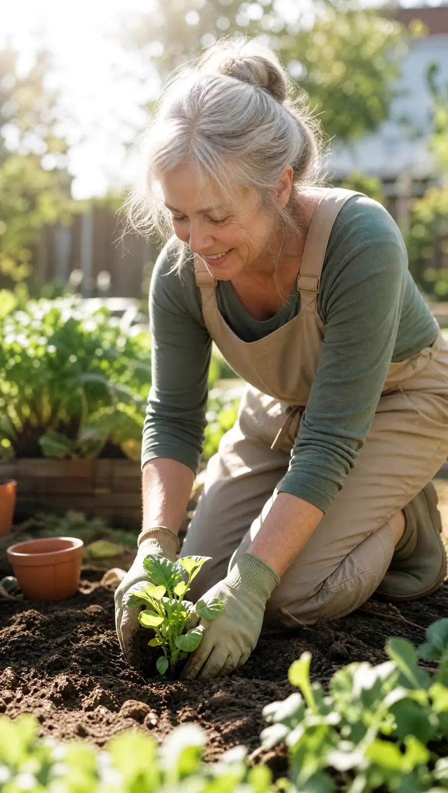 A woman in her 50s planting in a sunny vegetable garden