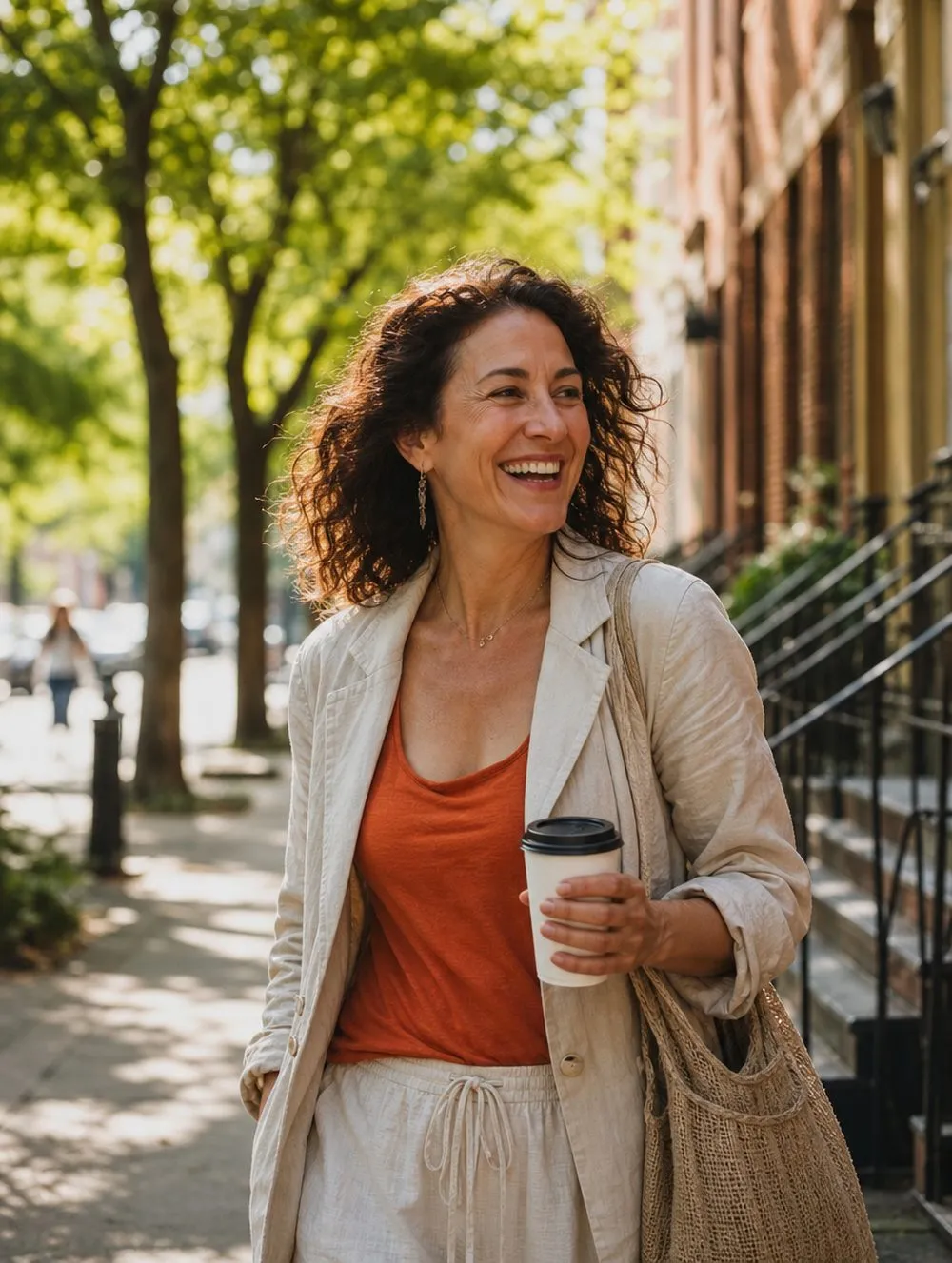 A woman in her 40s laughing as she walks down a sunny street with a coffee