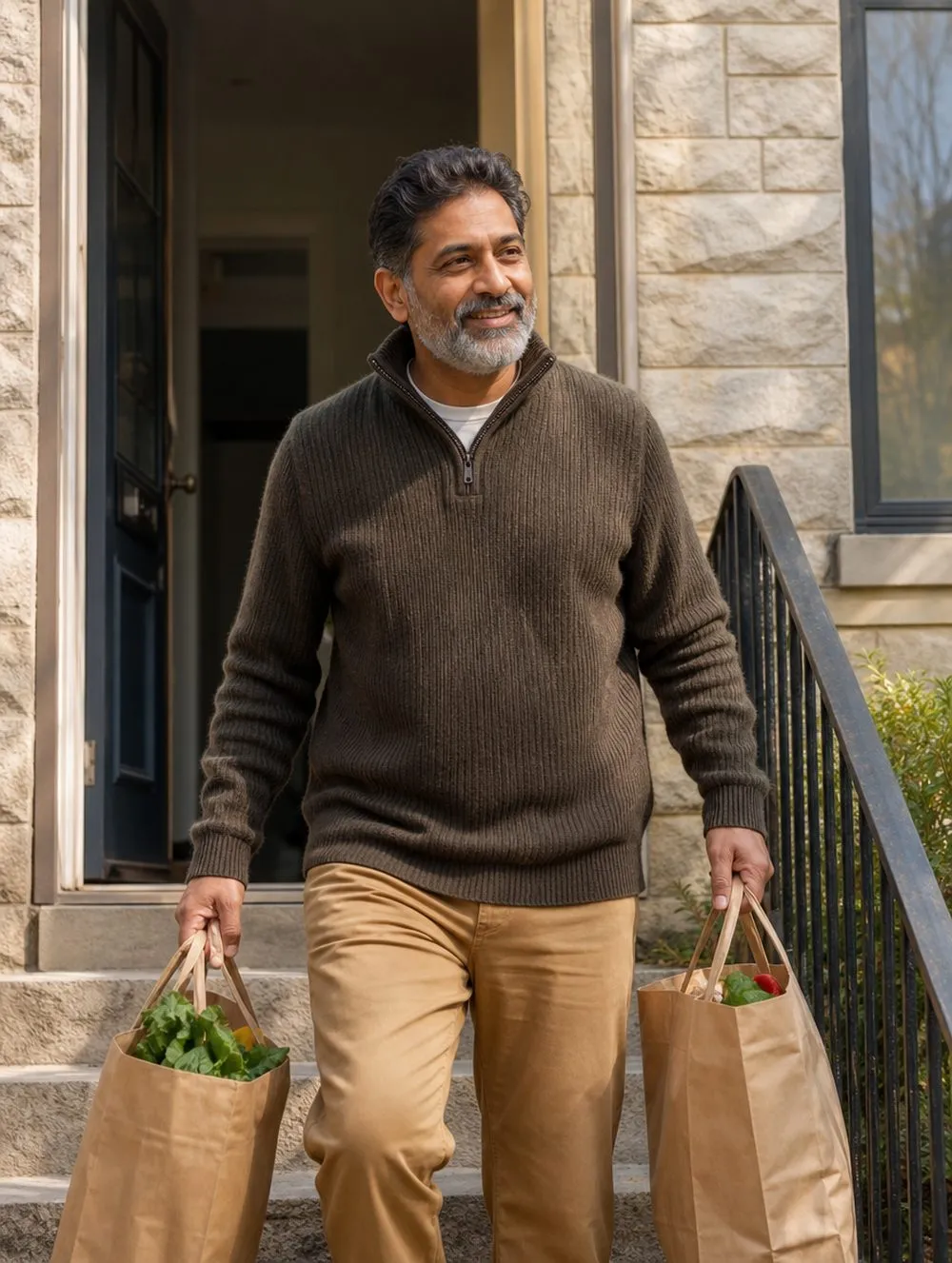 A man in his 50s carrying two grocery bags up the steps to his front door