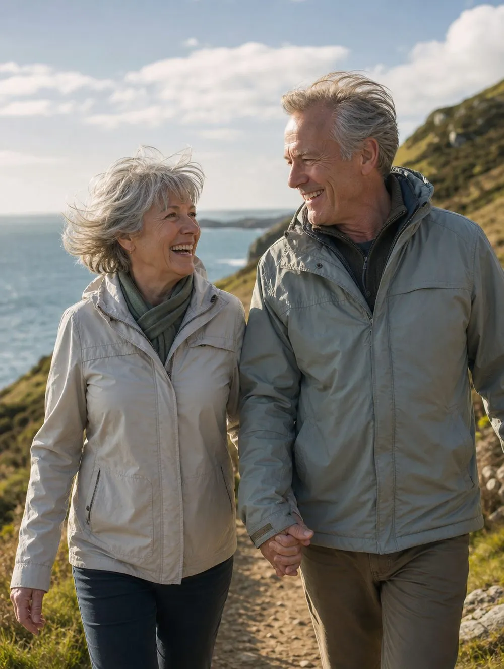 A couple in their 60s laughing as they walk hand in hand on a coastal path