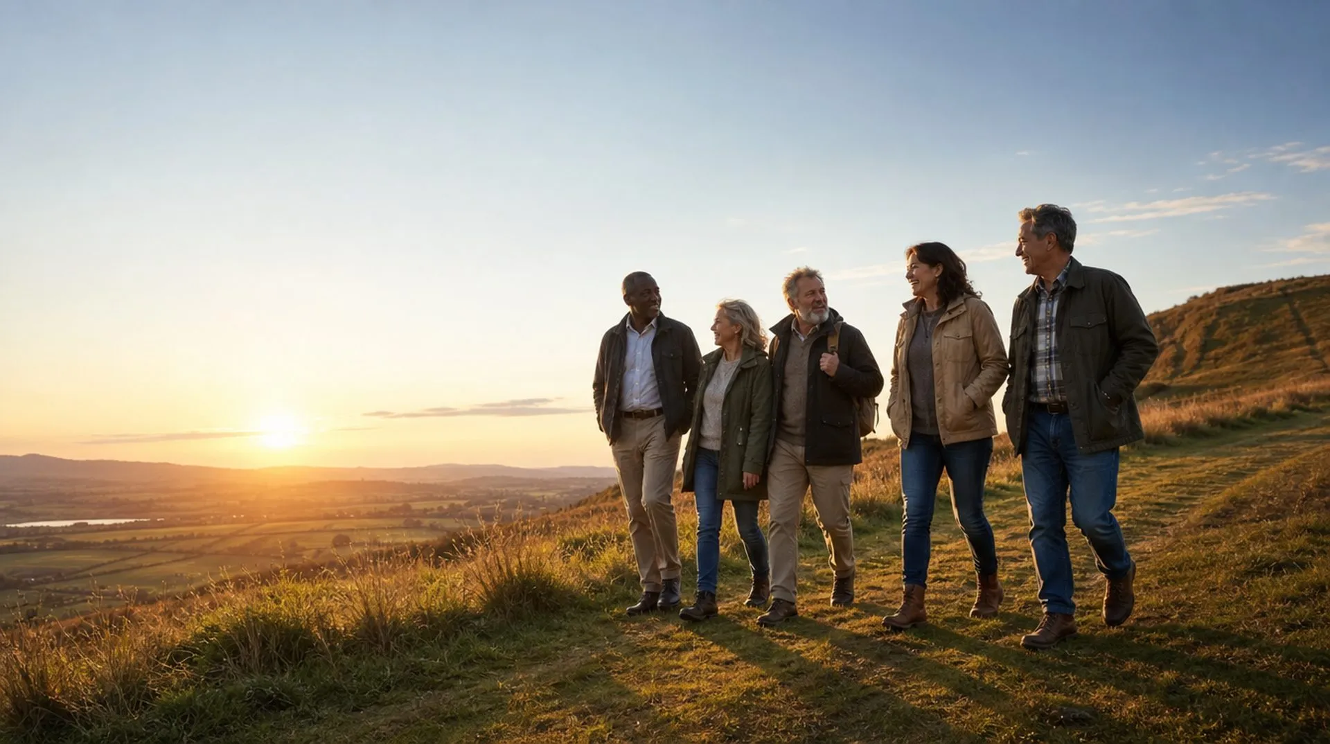 Five friends in their 40s to 60s walking up a grassy hill at sunrise
