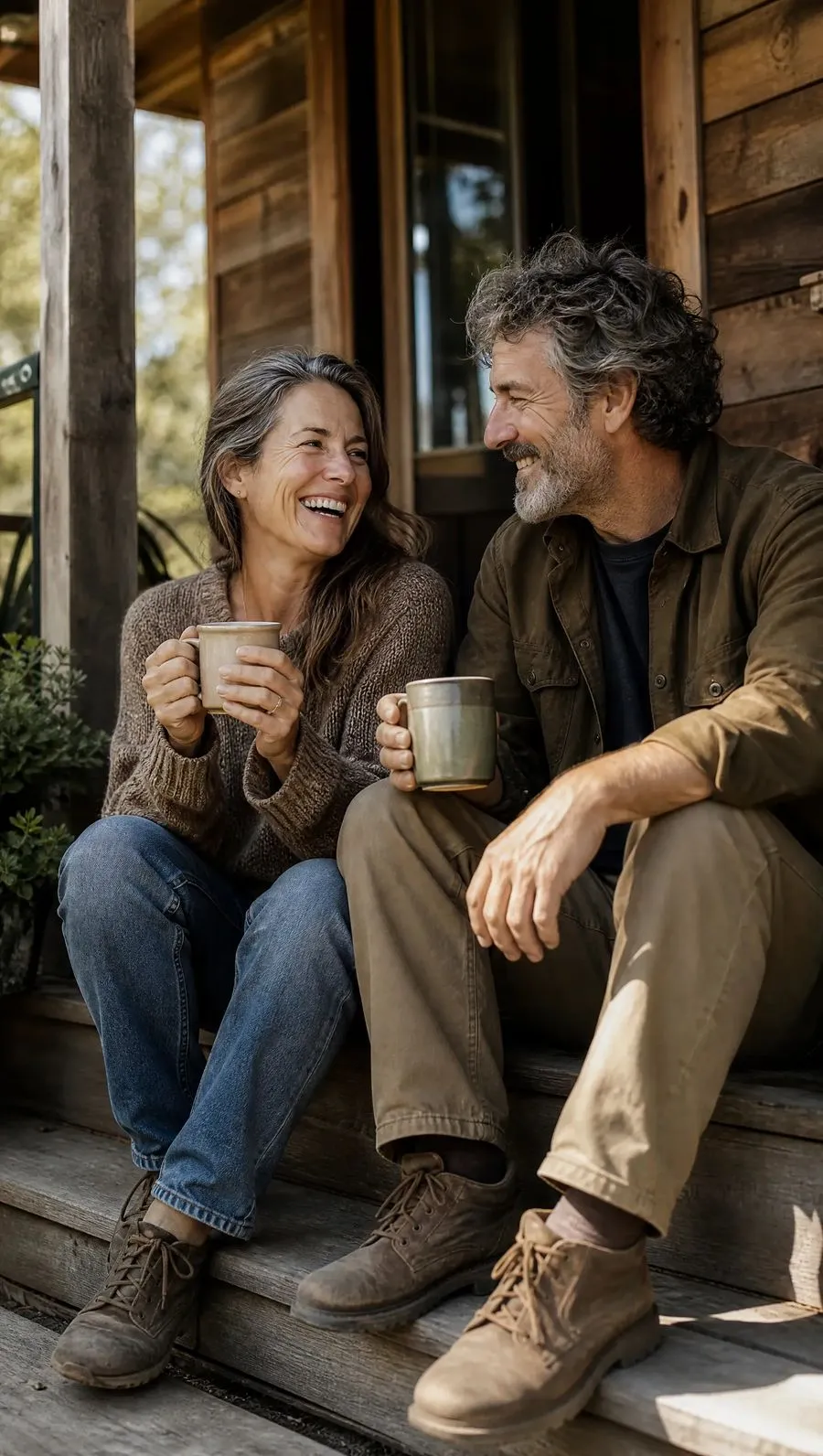 A couple in their 50s laughing on their porch with mugs of coffee