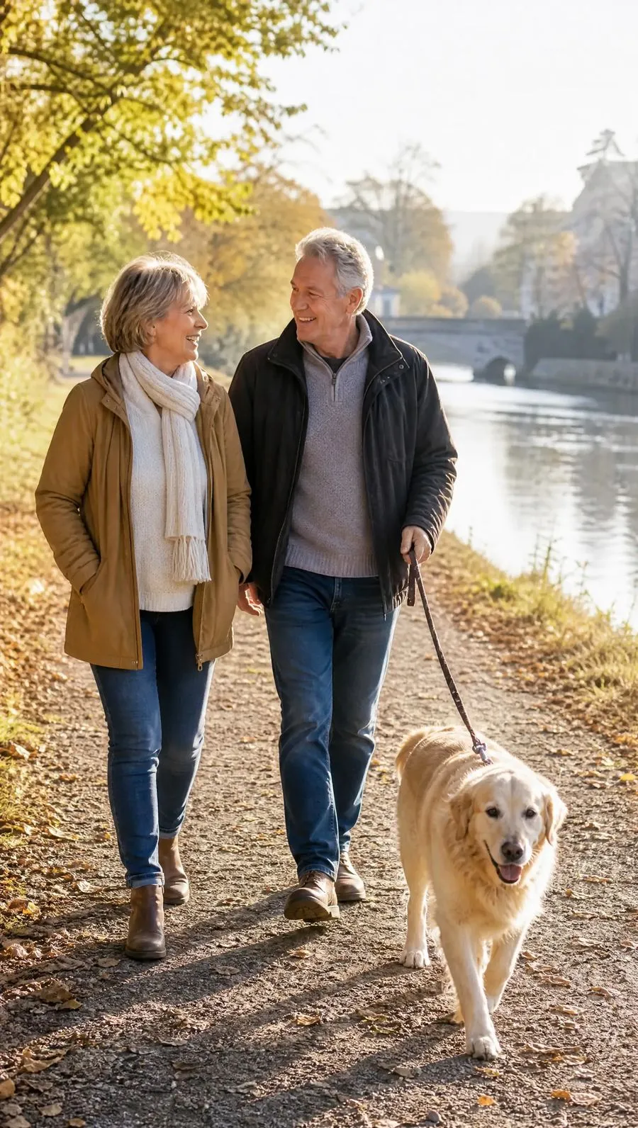 A couple in their 60s walking their dog along a riverside path