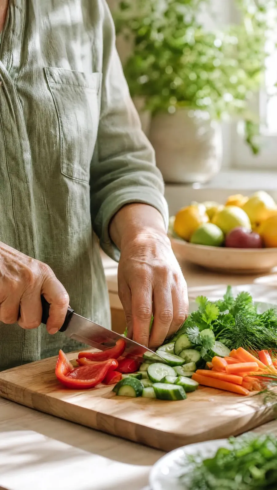 Hands slicing colourful vegetables on a wooden board