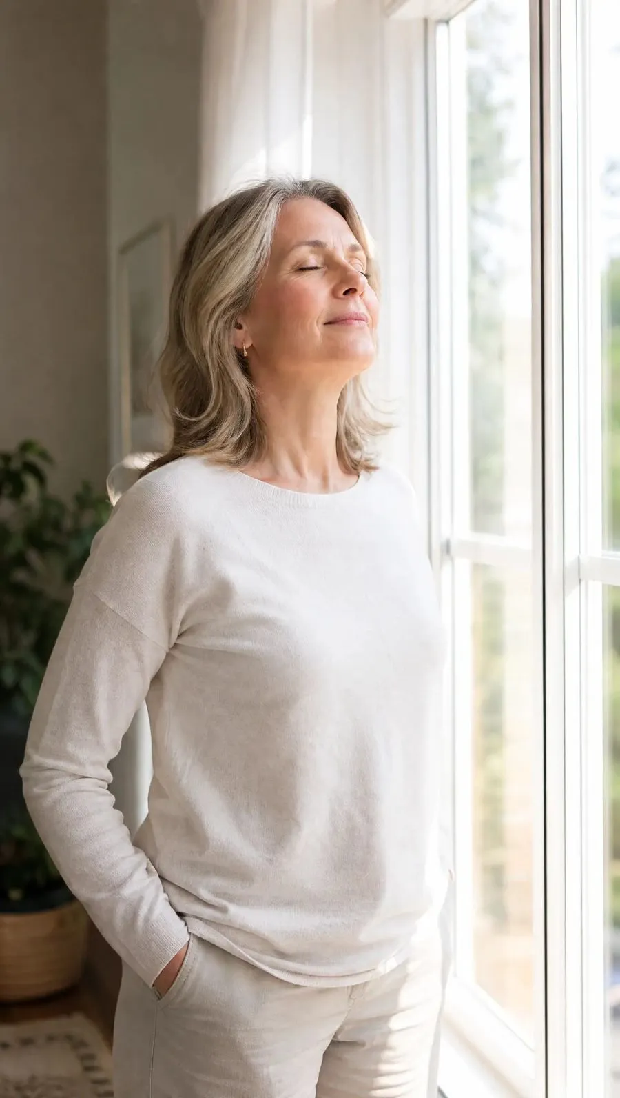 A woman by a sunlit window taking a slow, calm breath